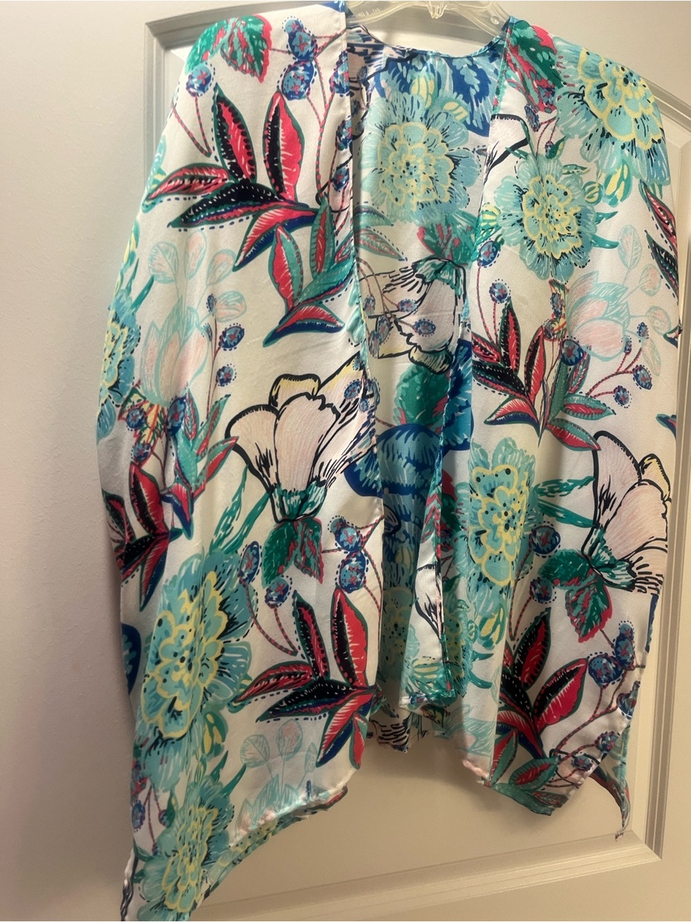 Floral Print Women’s topper/jacket  in White with Turquoise & Coral Accents